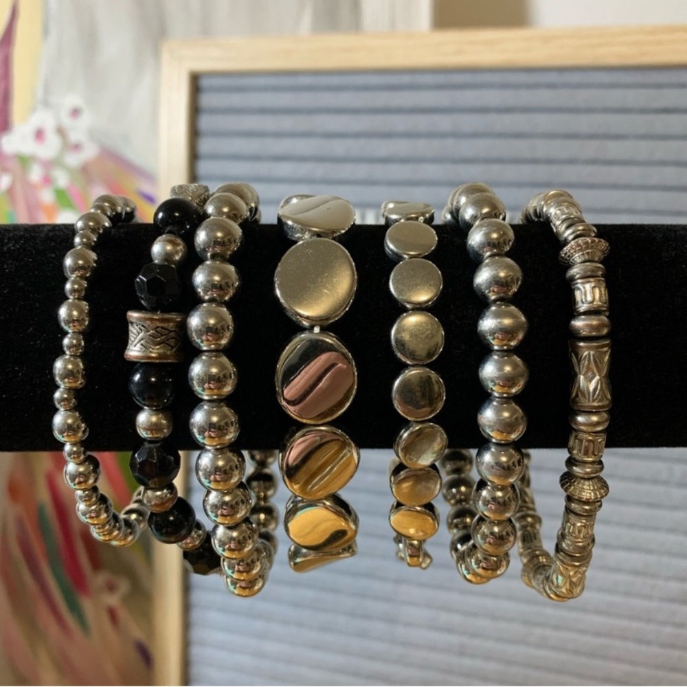 Silver and Black Beaded Bracelet Set